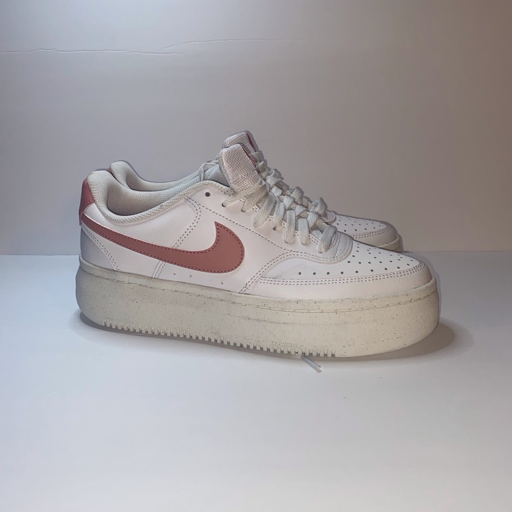 Nike White Platform Sneakers with Blush Pink Swoosh